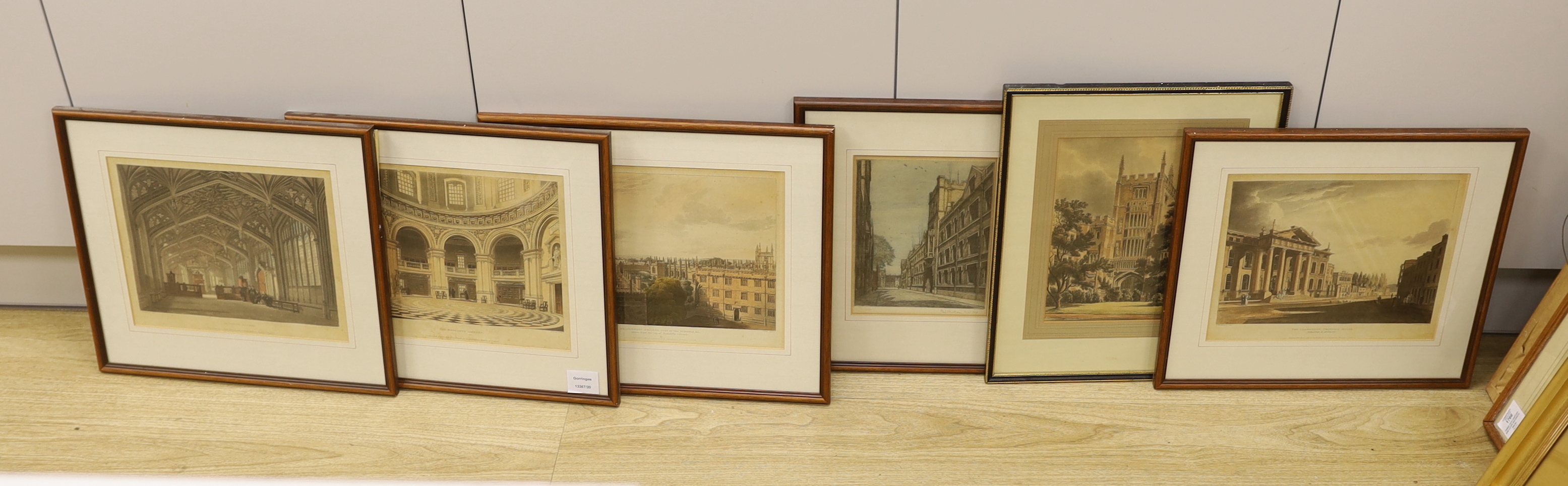 Four Ackermann colour engravings including E. Clarendon Printing House and Bradcliffe Library, together with another colour engraving and one other by Fred Millar, signed in pencil, largest 24 x 30cm (6)